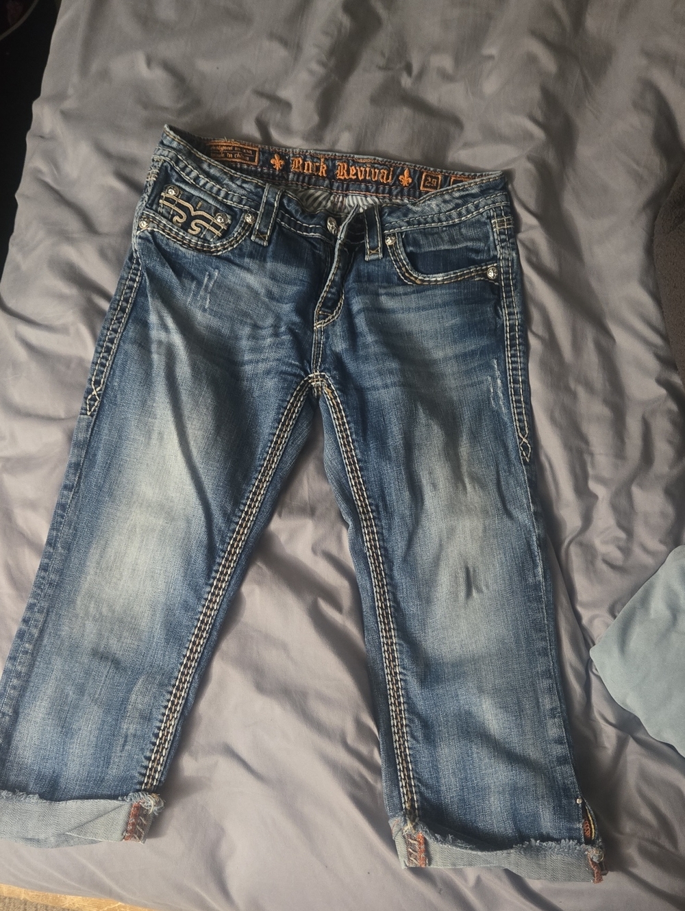 Rock Revival Faded Blue Distressed Cropped Jeans